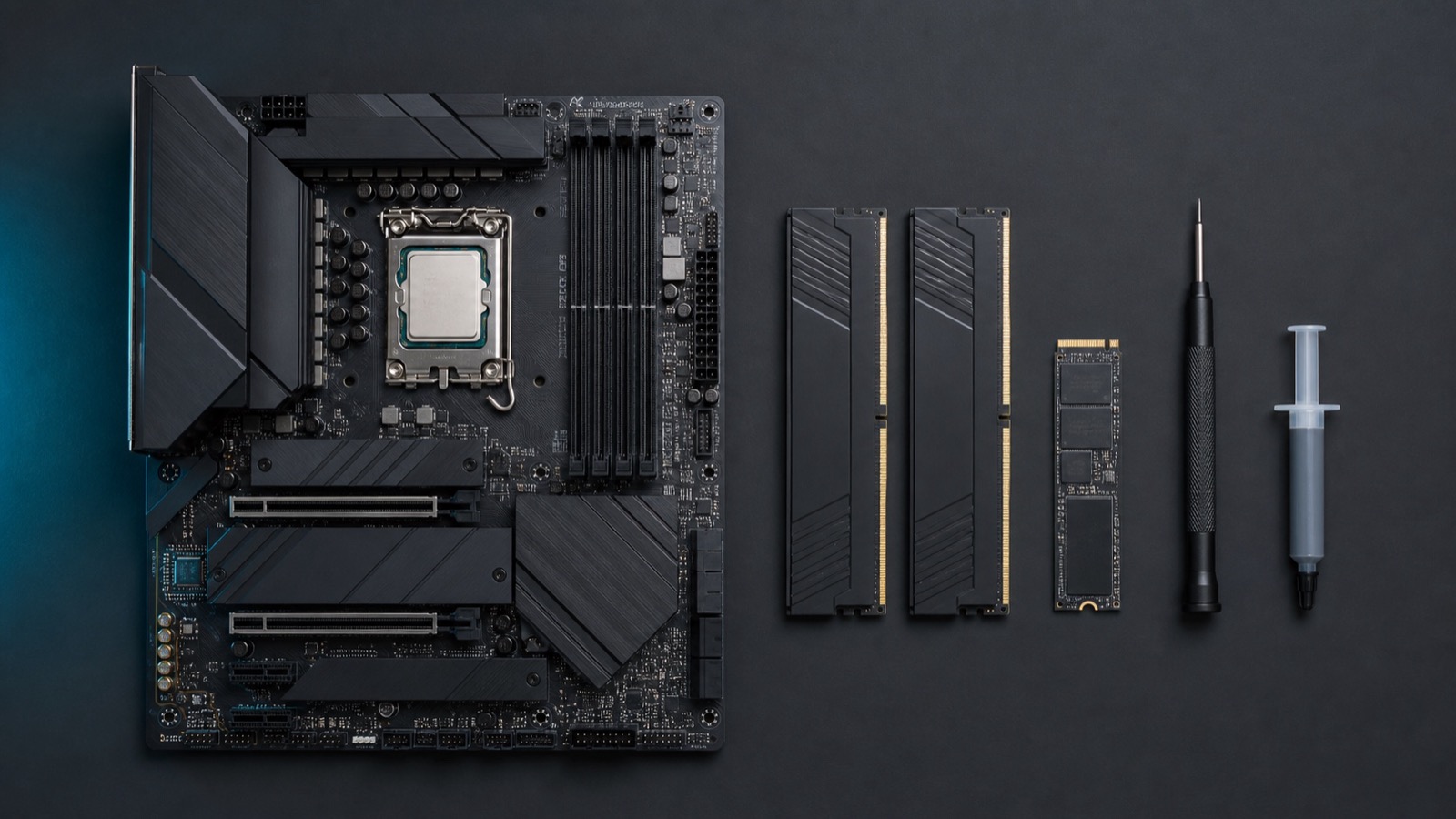 PC components — motherboard, CPU, RAM, SSD and graphics card — arranged on a dark desk ready for assembly