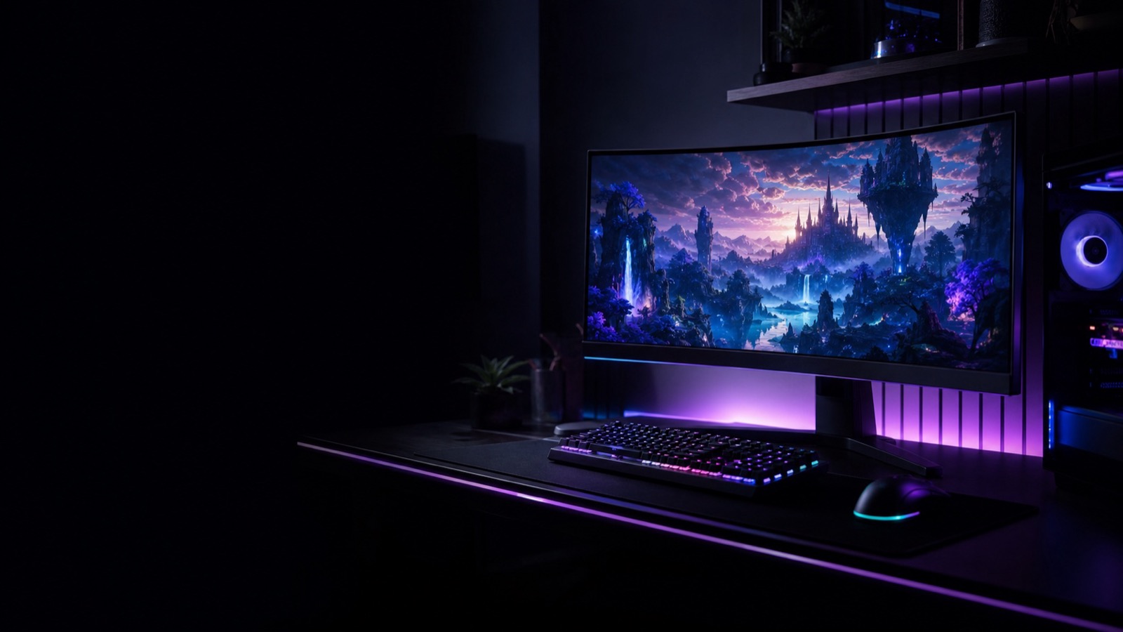 A high-end PC gaming setup glowing in a dark room