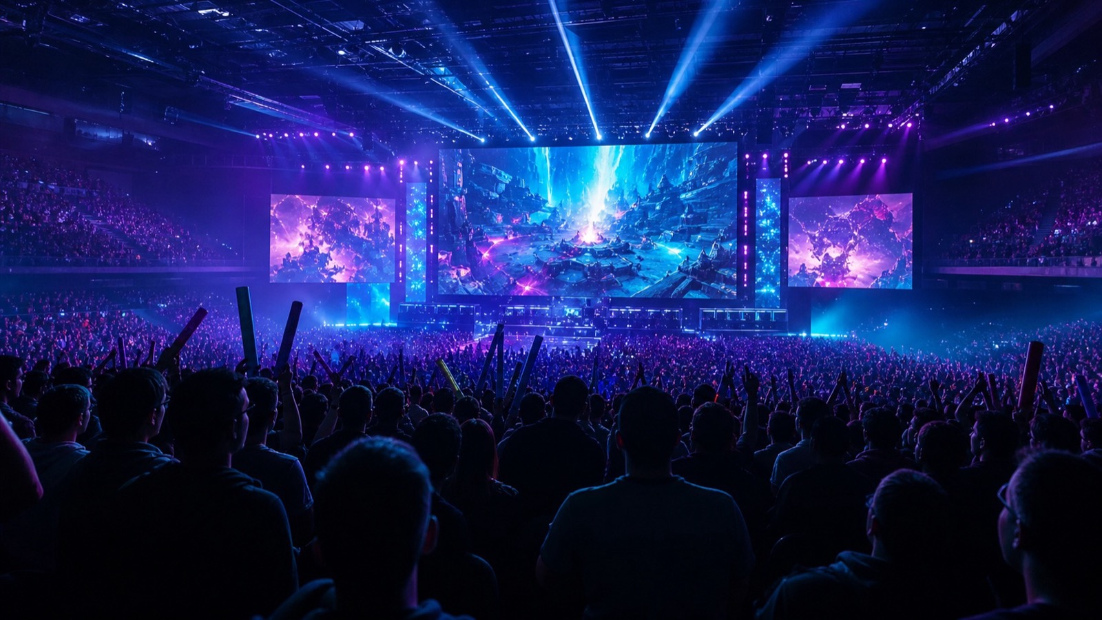 An esports arena crowd lit by purple and cyan stage lights during a PC tournament final